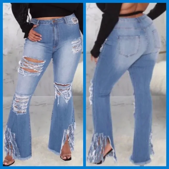 1X-5X Dani Ripped Flare Jeans w/Ankle Fringe - Picture 4 of 9